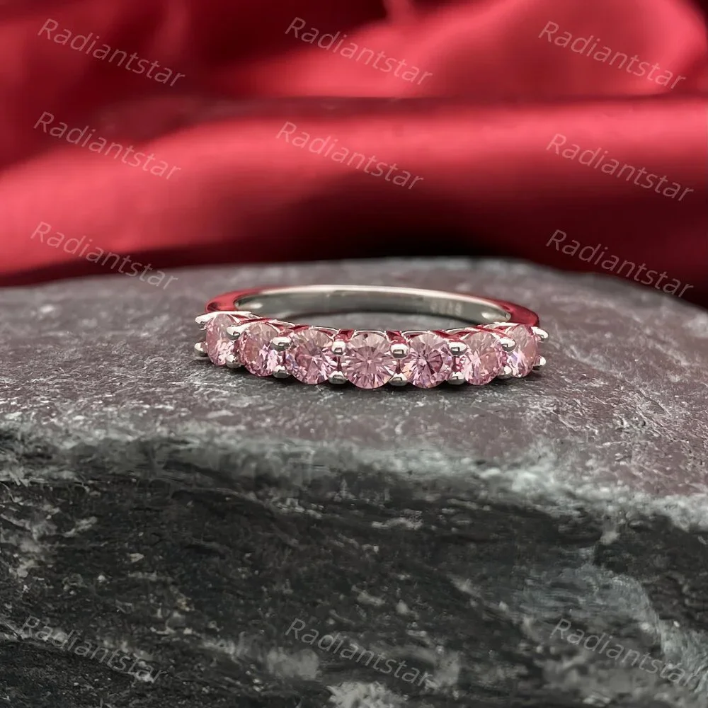 NEW Certified 3mm Pink Moissanite 7 Stone Half Eternity Band Ring